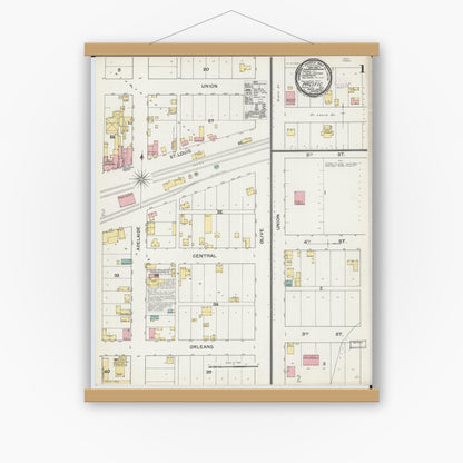 Old map wall art mockup — magnetic wood frame on white wall — Sanborn Fire Insurance Map from Pacific, Franklin County, Missouri (1892), Sheet #0001
