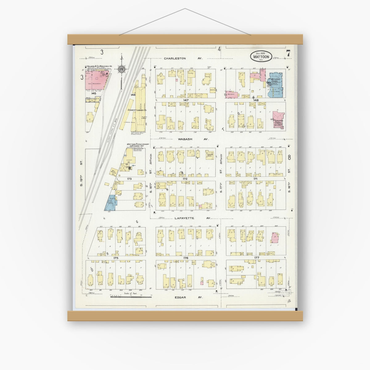 Old map wall art mockup — magnetic wood frame on white wall — Sanborn Fire Insurance Map from Mattoon, Coles County, Illinois (1909), Sheet #0007