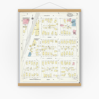Old map wall art mockup — magnetic wood frame on white wall — Sanborn Fire Insurance Map from Mattoon, Coles County, Illinois (1909), Sheet #0007