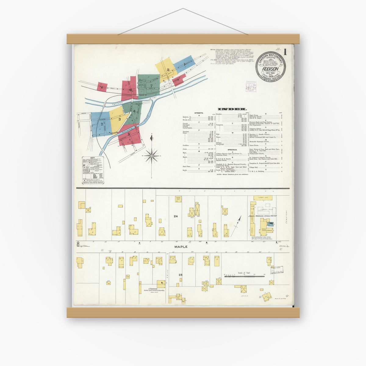 Old map wall art mockup — magnetic wood frame on white wall — Sanborn Fire Insurance Map from Addison, Steuben County, New York (1909), Sheet #0001