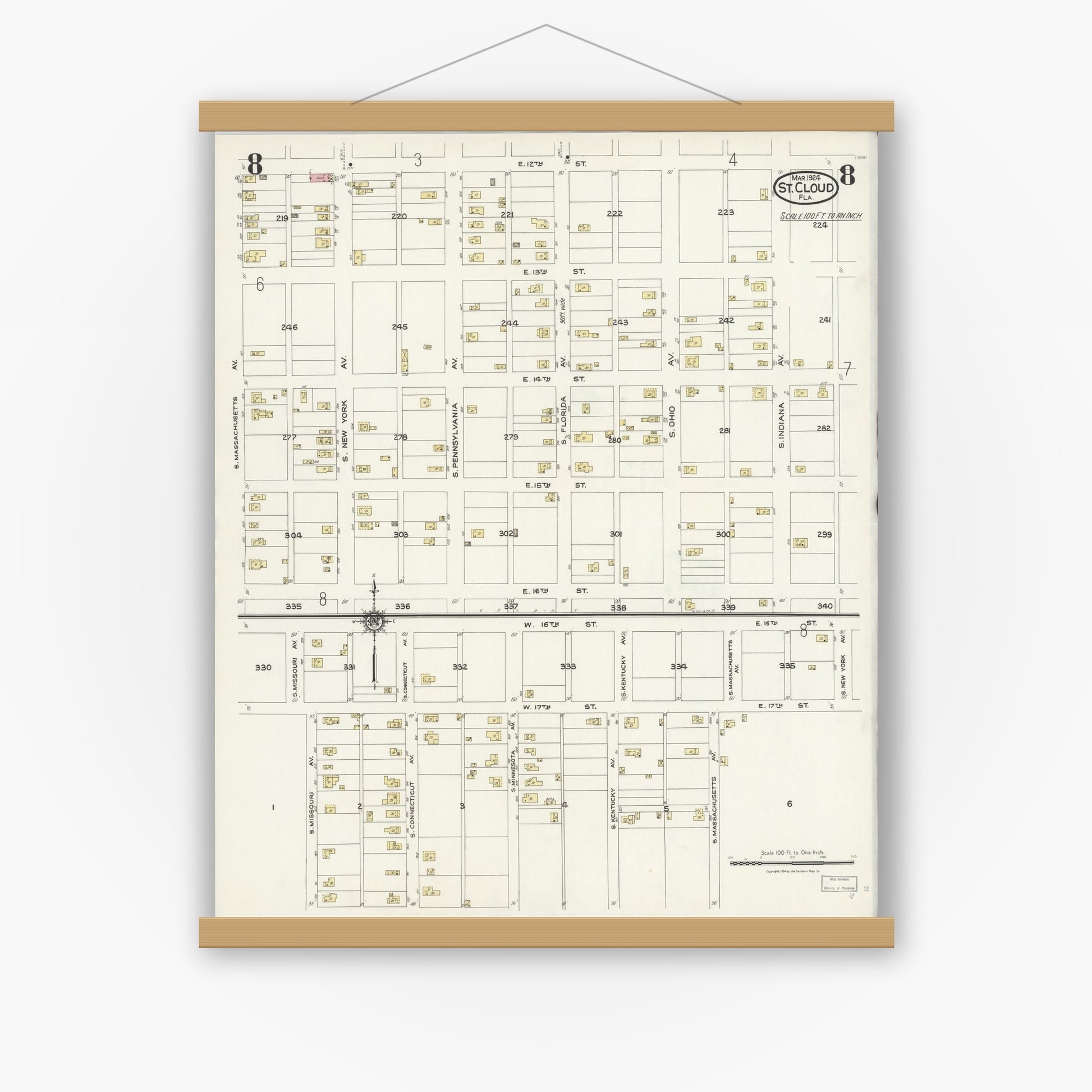 Old map wall art mockup — magnetic wood frame on white wall — Sanborn Fire Insurance Map from Saint Cloud, Osceola County, Florida (1924), Sheet #0008