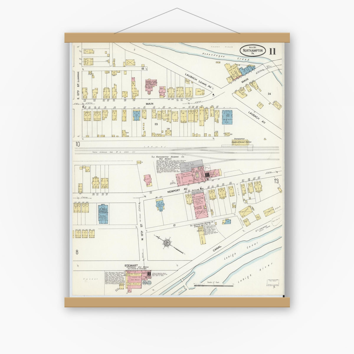 Old map wall art mockup — magnetic wood frame on white wall — Sanborn Fire Insurance Map from Northampton, Northampton County, Pennsylvania (1911), Sheet #0011