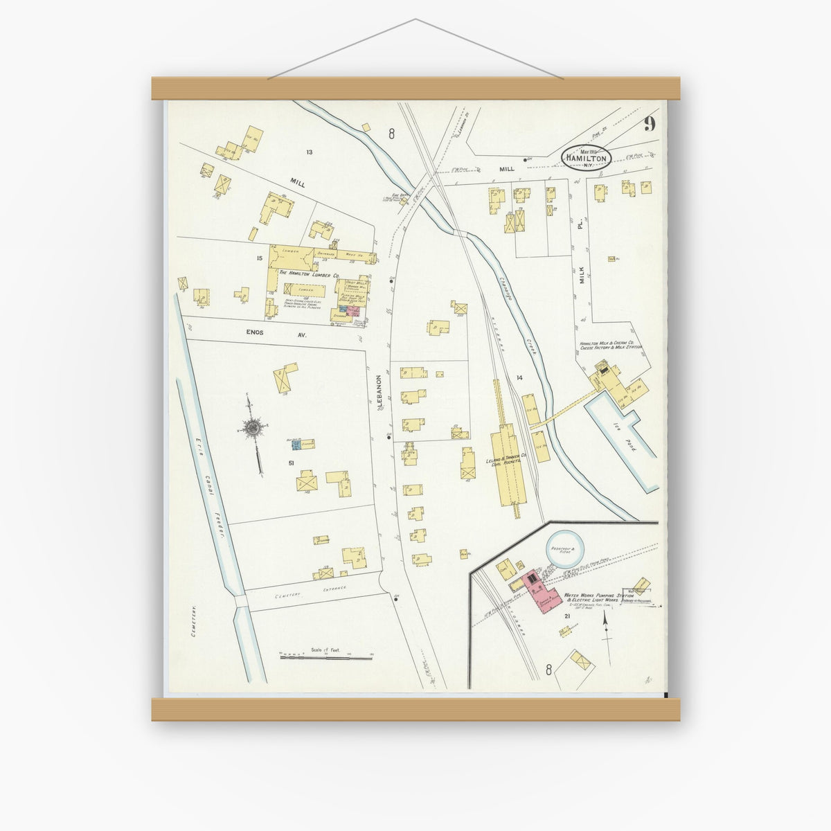 Old map wall art mockup — magnetic wood frame on white wall — Sanborn Fire Insurance Map from Hamilton, Madison County, New York (1911), Sheet #0009