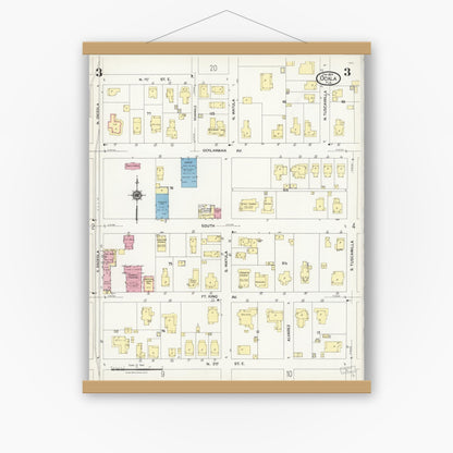 Old map wall art mockup — magnetic wood frame on white wall — Sanborn Fire Insurance Map from Ocala, Marion County, Florida (1924), Sheet #0003