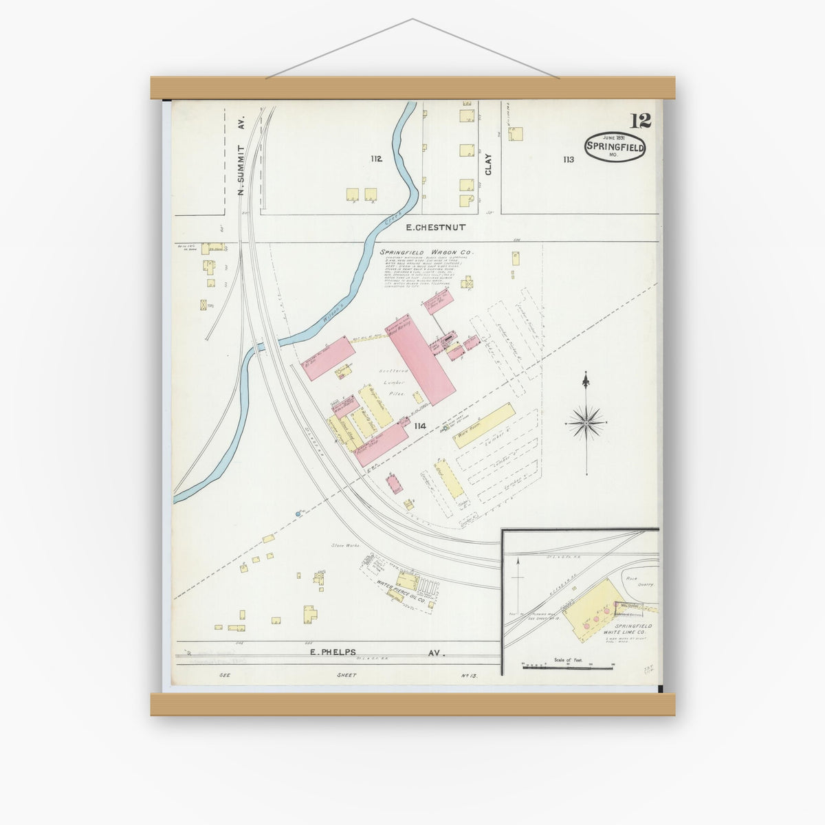 Old map wall art mockup — magnetic wood frame on white wall — Sanborn Fire Insurance Map from Springfield, Greene County, Missouri (1891), Sheet #0012