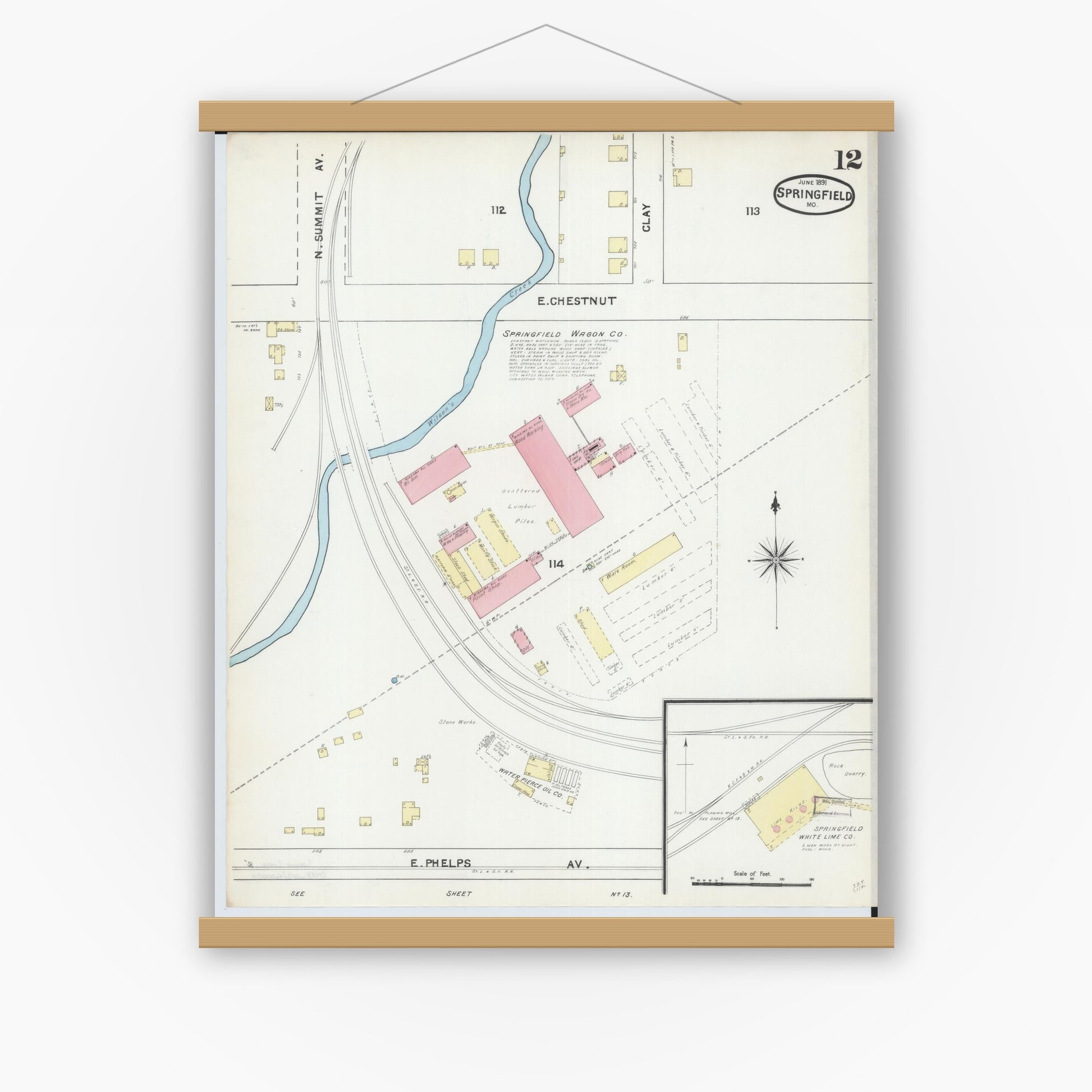 Old map wall art mockup — magnetic wood frame on white wall — Sanborn Fire Insurance Map from Springfield, Greene County, Missouri (1891), Sheet #0012