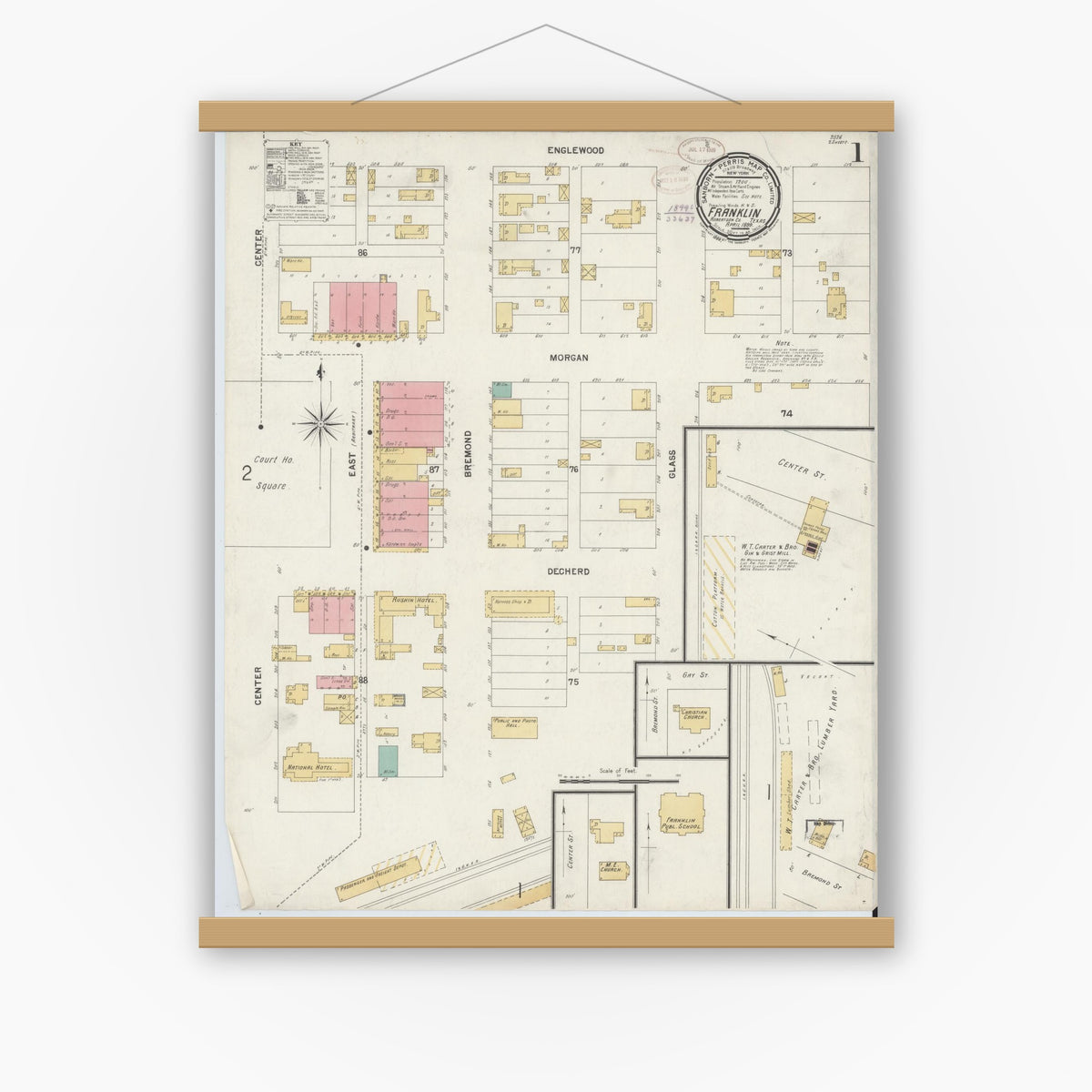Old map wall art mockup — magnetic wood frame on white wall — Sanborn Fire Insurance Map from Franklin, Robertson County, Texas (1899), Sheet #0001