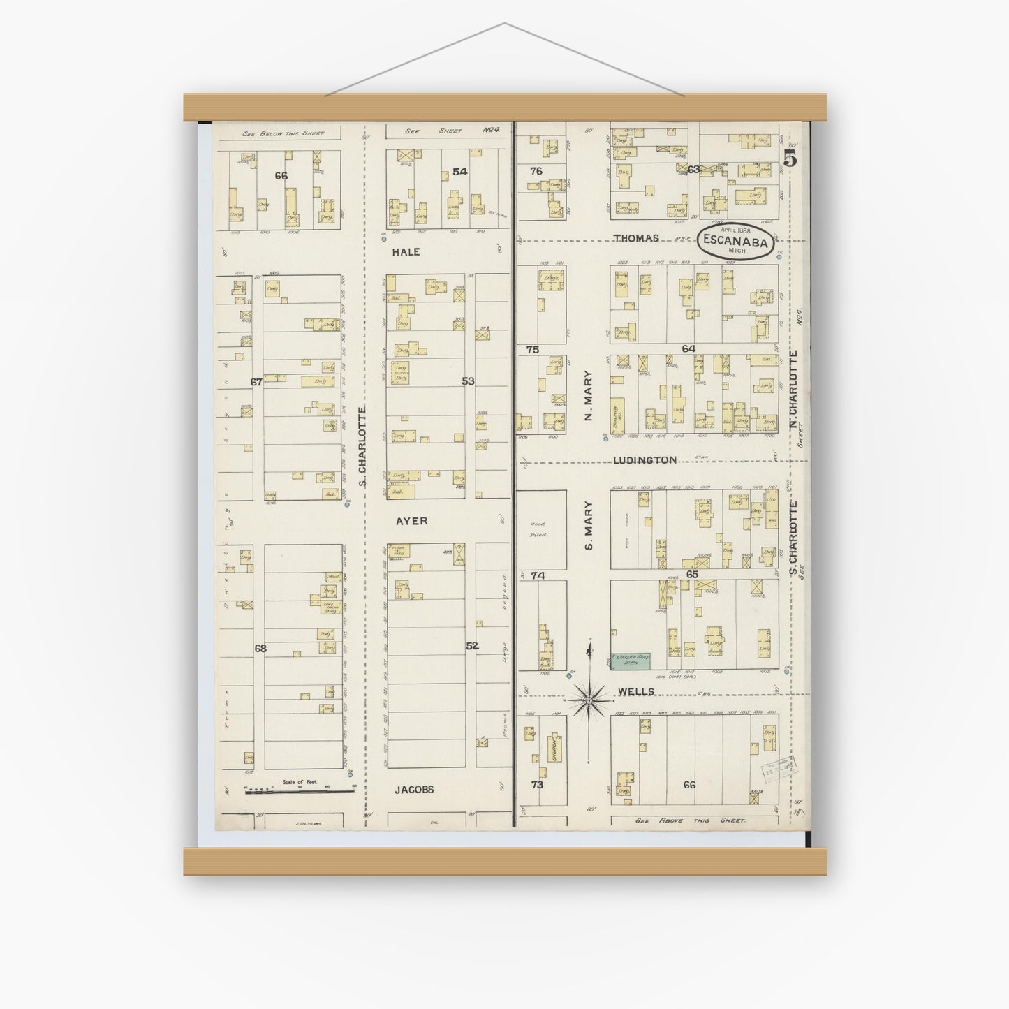 Old map wall art mockup — magnetic wood frame on white wall — Sanborn Fire Insurance Map from Escanaba, Delta County, Michigan (1888), Sheet #0005
