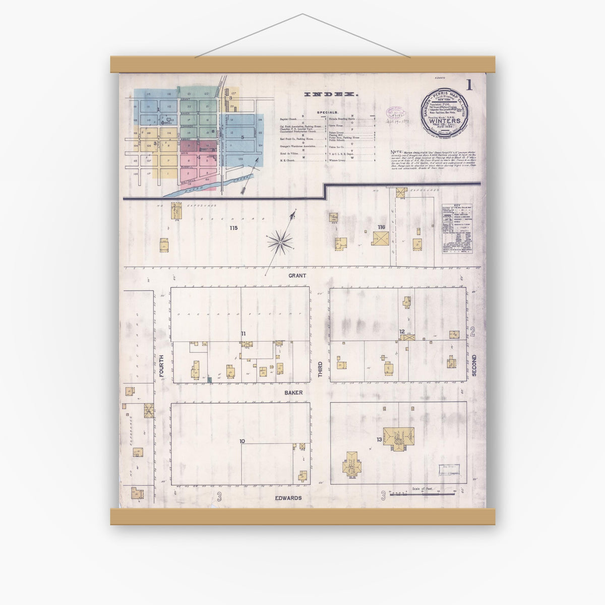 Old map wall art mockup — magnetic wood frame on white wall — Sanborn Fire Insurance Map from Winters, Yolo County, California (1893) - Complete Map Set
