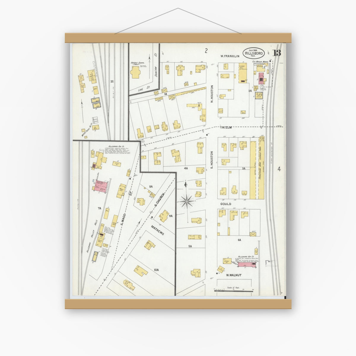Old map wall art mockup — magnetic wood frame on white wall — Sanborn Fire Insurance Map from Hillsboro, Hill County, Texas (1900), Sheet #0013