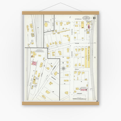 Old map wall art mockup — magnetic wood frame on white wall — Sanborn Fire Insurance Map from Hillsboro, Hill County, Texas (1900), Sheet #0013