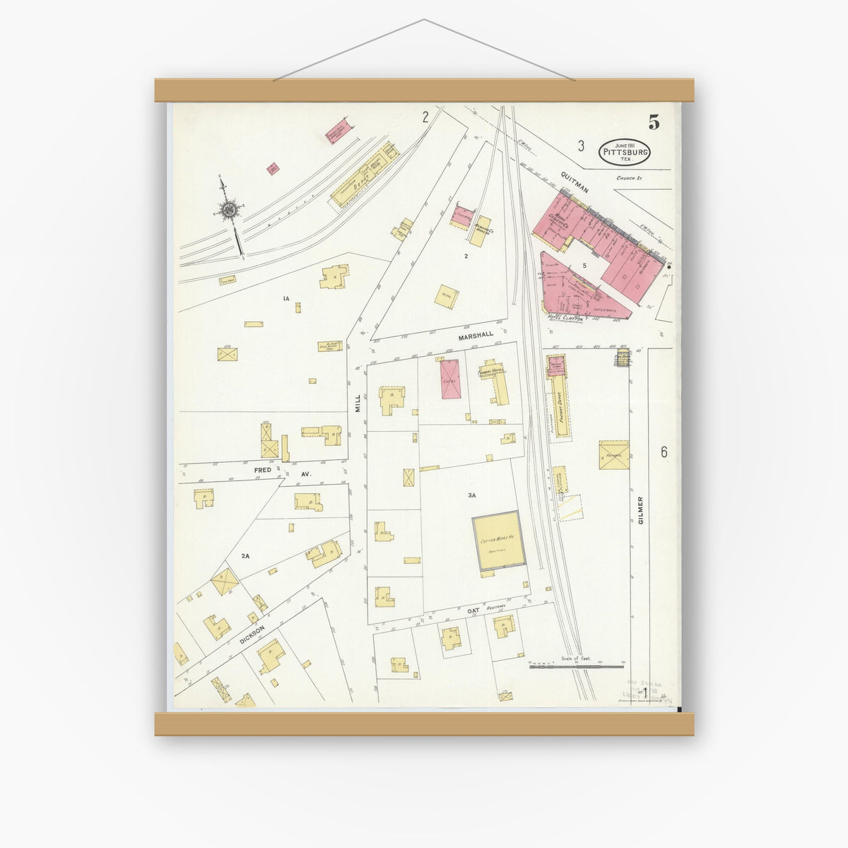 Old map wall art mockup — magnetic wood frame on white wall — Sanborn Fire Insurance Map from Pittsburg, Camp County, Texas (1911), Sheet #0005
