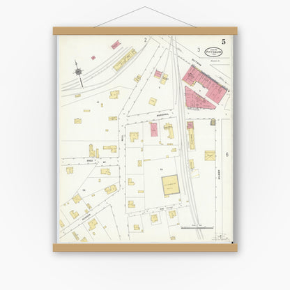 Old map wall art mockup — magnetic wood frame on white wall — Sanborn Fire Insurance Map from Pittsburg, Camp County, Texas (1911), Sheet #0005