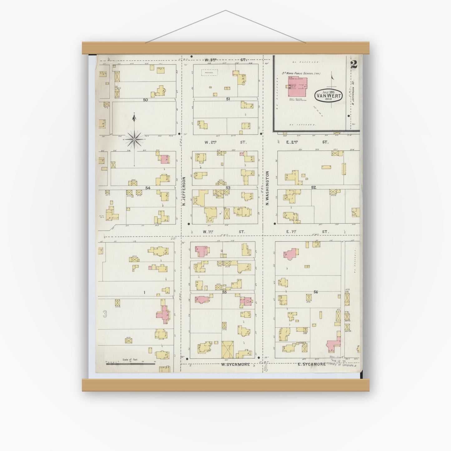 Old map wall art mockup — magnetic wood frame on white wall — Sanborn Fire Insurance Map from Van Wert, Van Wert County, Ohio (1895), Sheet #0002
