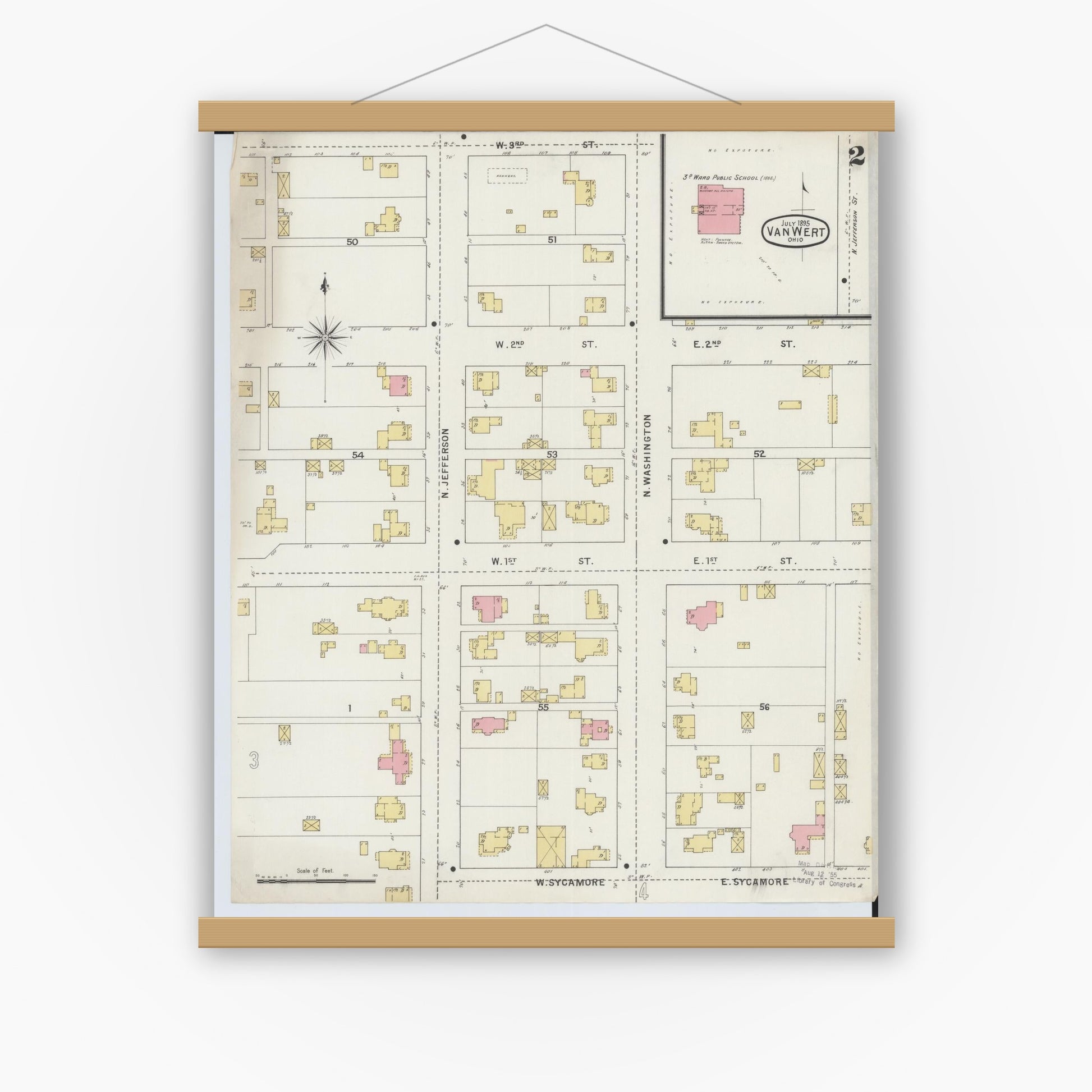 Old map wall art mockup — magnetic wood frame on white wall — Sanborn Fire Insurance Map from Van Wert, Van Wert County, Ohio (1895), Sheet #0002