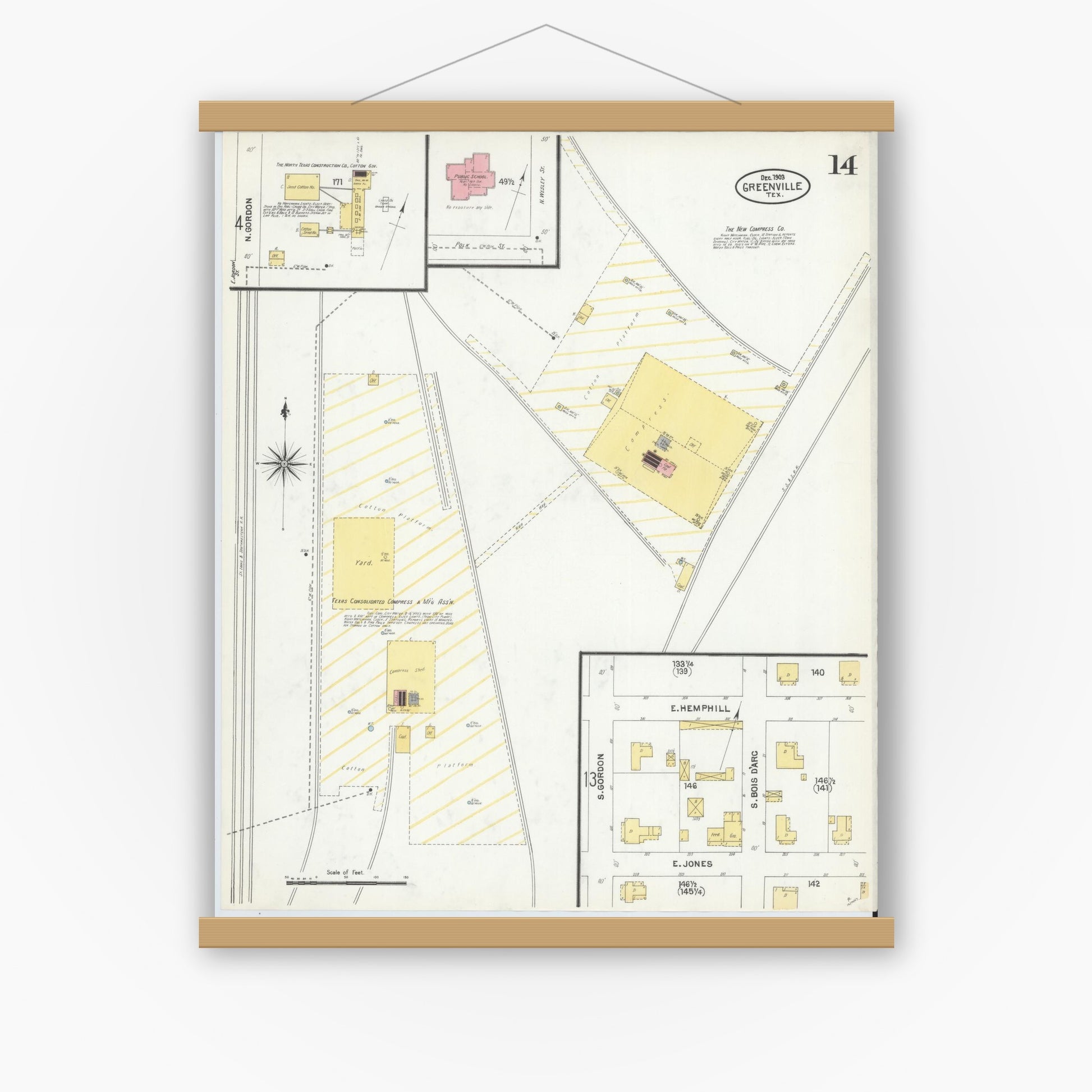Old map wall art mockup — magnetic wood frame on white wall — Sanborn Fire Insurance Map from Greenville, Hunt County, Texas (1903), Sheet #0014