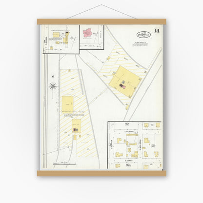 Old map wall art mockup — magnetic wood frame on white wall — Sanborn Fire Insurance Map from Greenville, Hunt County, Texas (1903), Sheet #0014