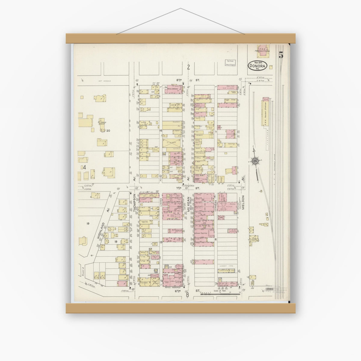 Old map wall art mockup — magnetic wood frame on white wall — Sanborn Fire Insurance Map from Donora, Washington County, Pennsylvania (1914), Sheet #0005