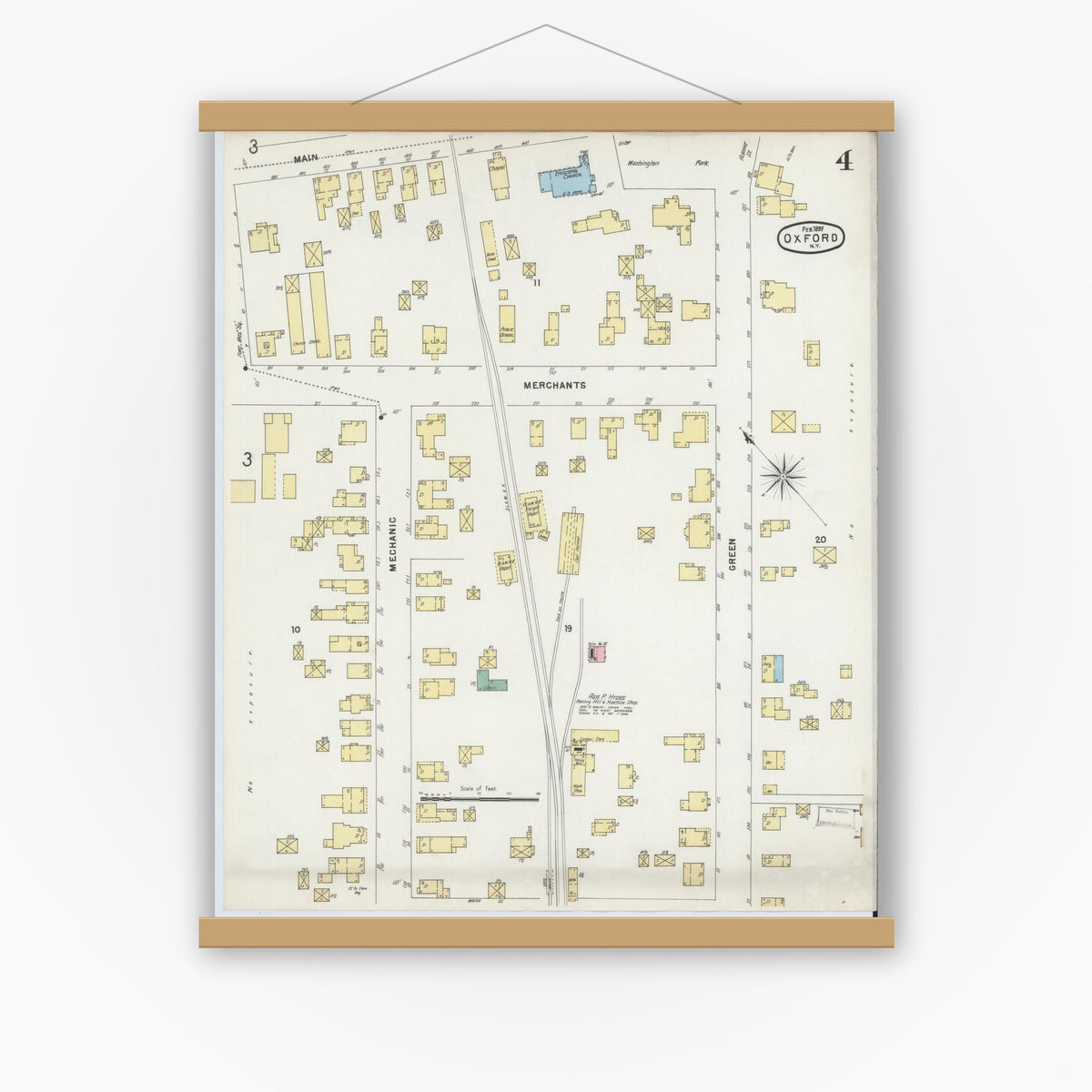 Old map wall art mockup — magnetic wood frame on white wall — Sanborn Fire Insurance Map from Oxford, Chenango County, New York (1897), Sheet #0004