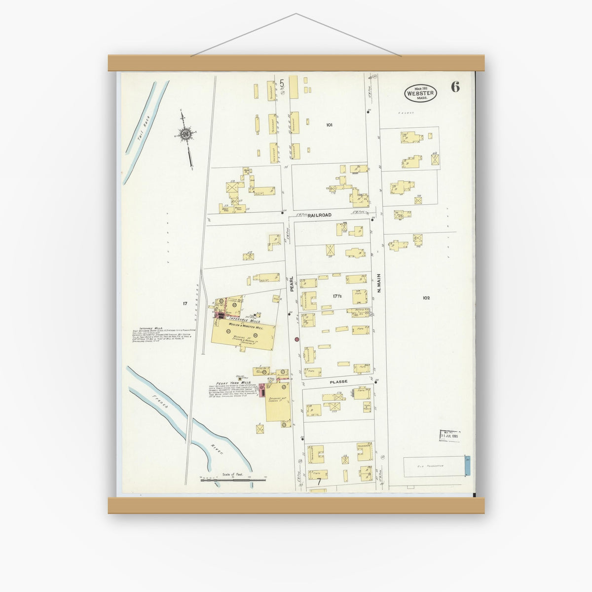 Old map wall art mockup — magnetic wood frame on white wall — Sanborn Fire Insurance Map from Webster, Worcester County, Massachusetts (1911), Sheet #0006