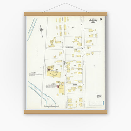 Old map wall art mockup — magnetic wood frame on white wall — Sanborn Fire Insurance Map from Webster, Worcester County, Massachusetts (1911), Sheet #0006