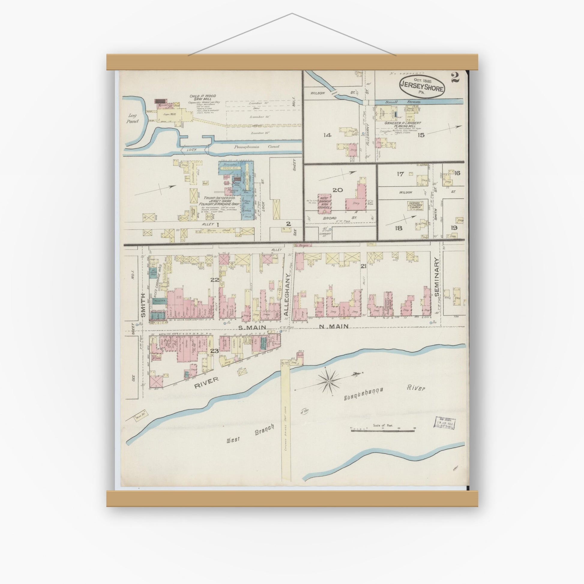 Old map wall art mockup — magnetic wood frame on white wall — Sanborn Fire Insurance Map from Jersey Shore, Lycoming County, Pennsylvania (1885), Sheet #0002