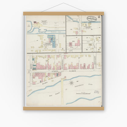Old map wall art mockup — magnetic wood frame on white wall — Sanborn Fire Insurance Map from Jersey Shore, Lycoming County, Pennsylvania (1885), Sheet #0002