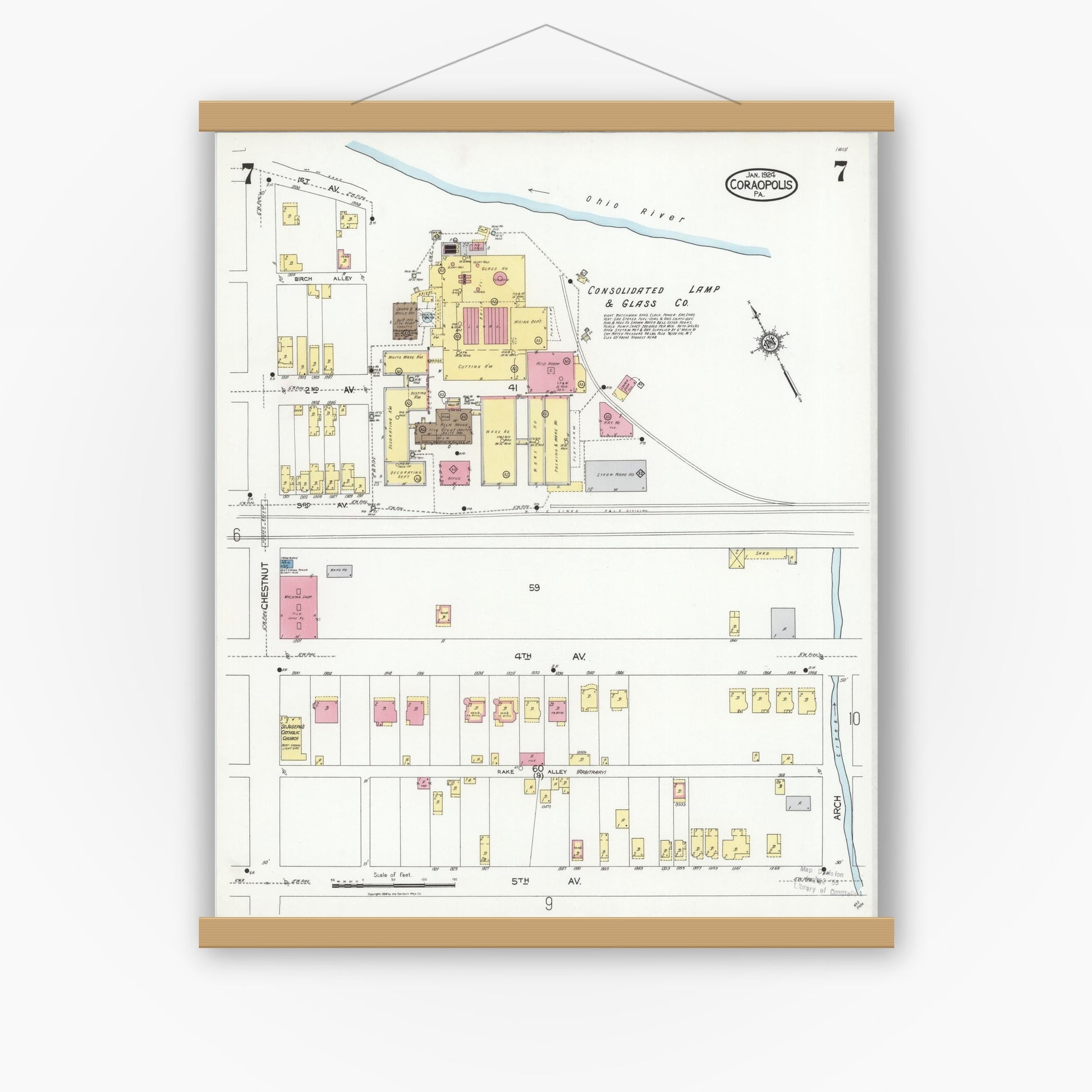 Old map wall art mockup — magnetic wood frame on white wall — Sanborn Fire Insurance Map from Coraopolis, Allegheny County, Pennsylvania (1924), Sheet #0007