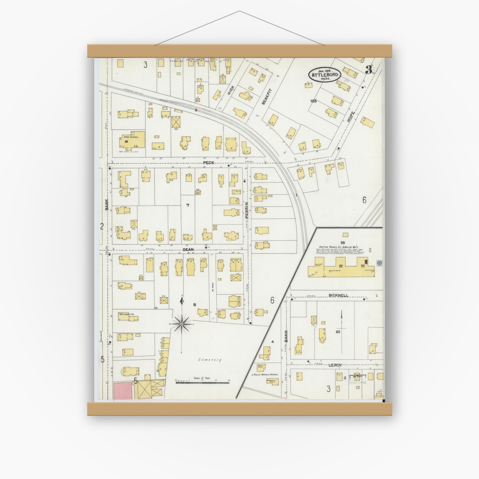 Old map wall art mockup — magnetic wood frame on white wall — Sanborn Fire Insurance Map from Attleboro, Bristol County, Massachusetts (1905), Sheet #0003