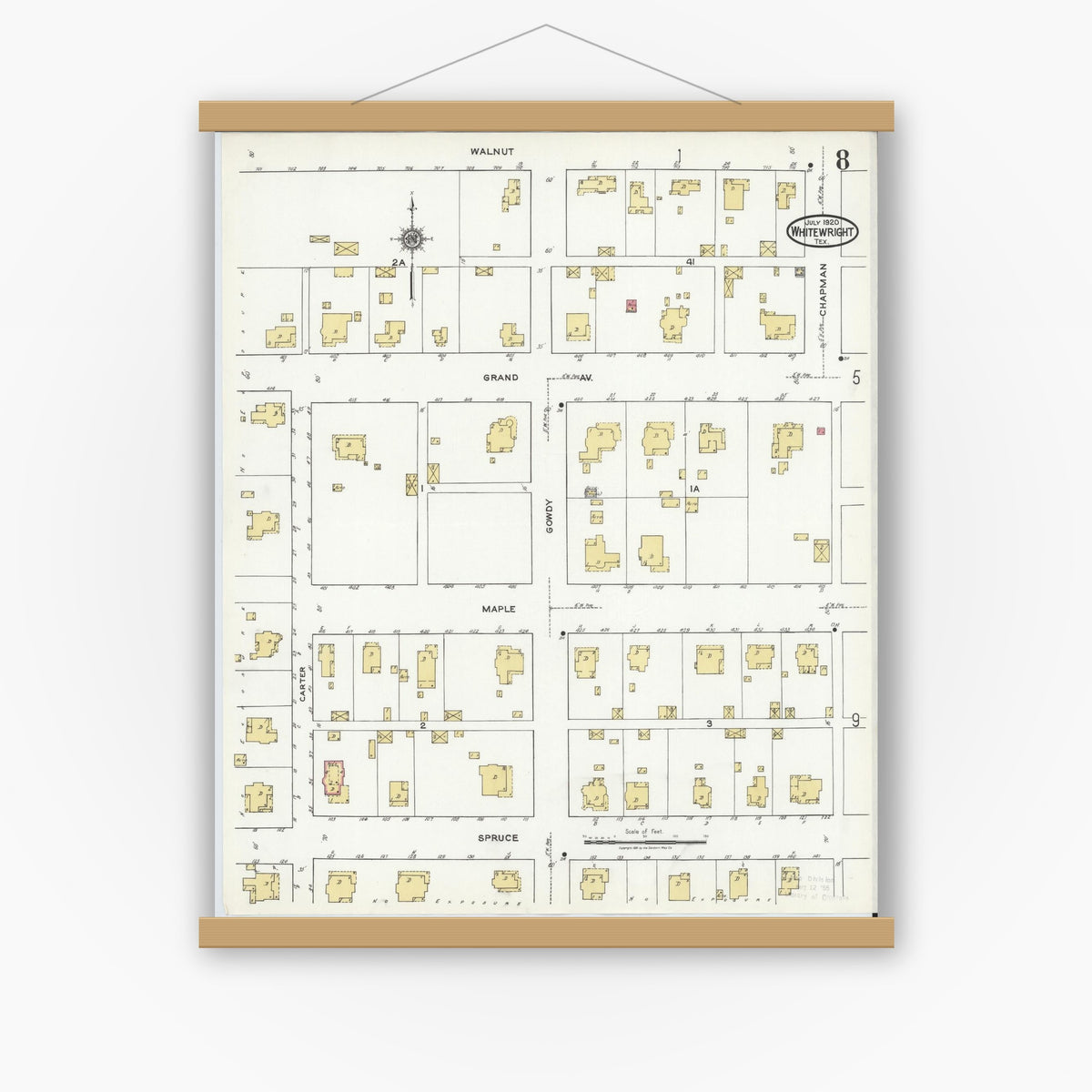 Old map wall art mockup — magnetic wood frame on white wall — Sanborn Fire Insurance Map from Whitewright, Grayson County, Texas (1920), Sheet #0008