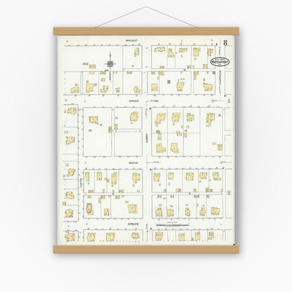 Old map wall art mockup — magnetic wood frame on white wall — Sanborn Fire Insurance Map from Whitewright, Grayson County, Texas (1920), Sheet #0008