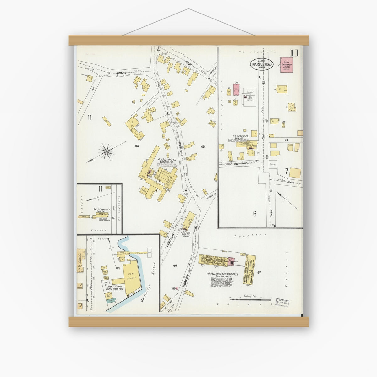 Old map wall art mockup — magnetic wood frame on white wall — Sanborn Fire Insurance Map from Marblehead, Essex County, Massachusetts (1901), Sheet #0011
