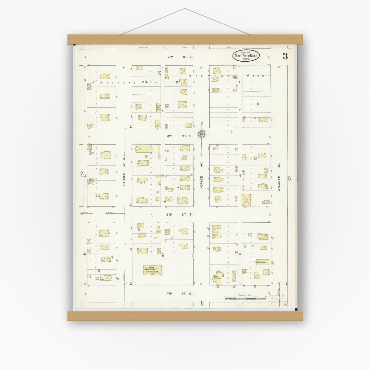 Old map wall art mockup — magnetic wood frame on white wall — Sanborn Fire Insurance Map from Thief River Falls, Pennington County, Minnesota (1912), Sheet #0003