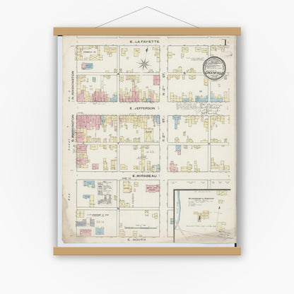 Old map wall art mockup — magnetic wood frame on white wall — Sanborn Fire Insurance Map from Greenfield, Highland County, Ohio (1885), Sheet #0001