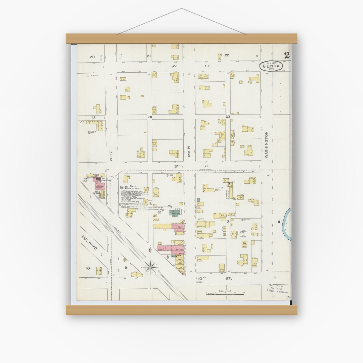 Old map wall art mockup — magnetic wood frame on white wall — Sanborn Fire Insurance Map from Genoa, Ottawa County, Ohio (1893), Sheet #0002