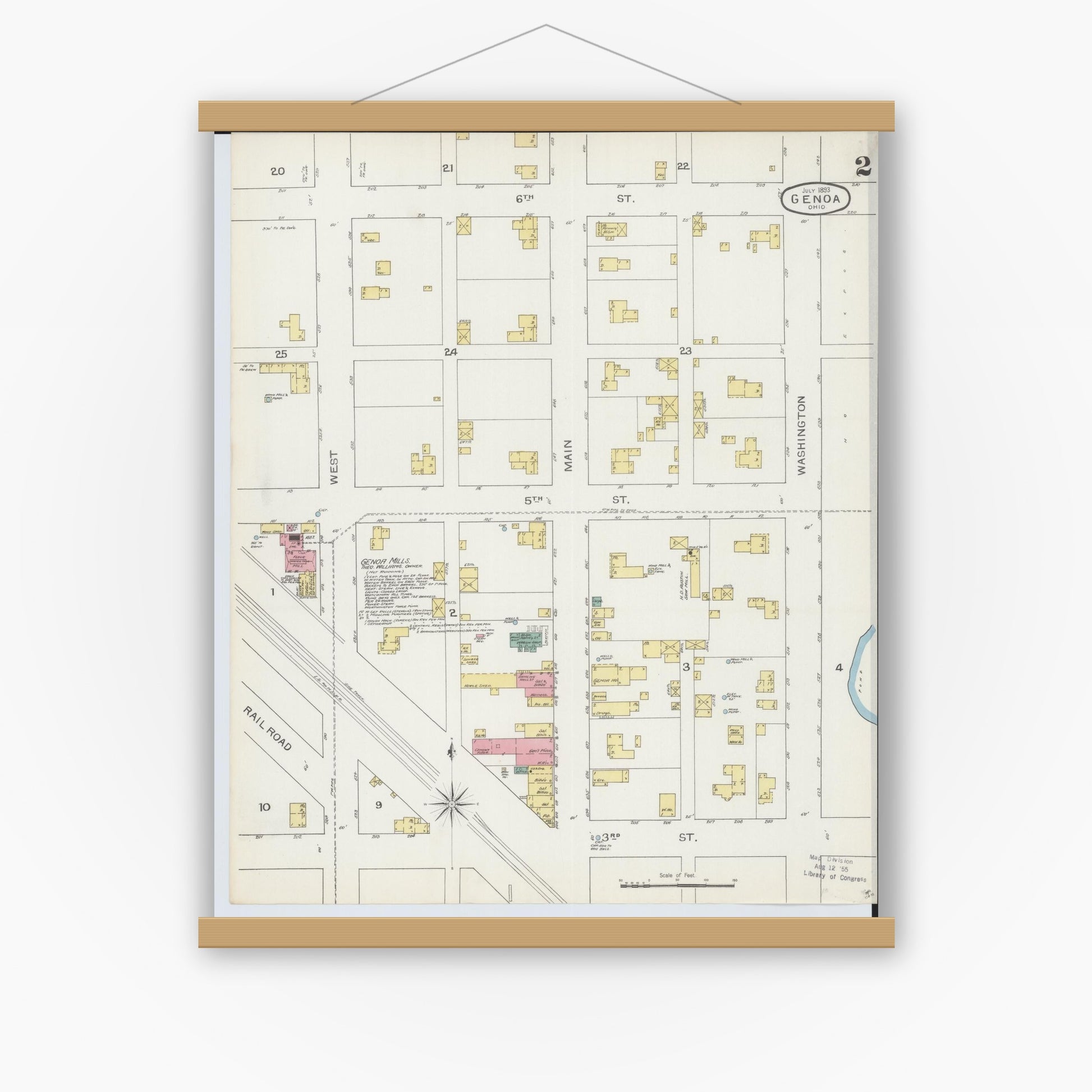 Old map wall art mockup — magnetic wood frame on white wall — Sanborn Fire Insurance Map from Genoa, Ottawa County, Ohio (1893), Sheet #0002