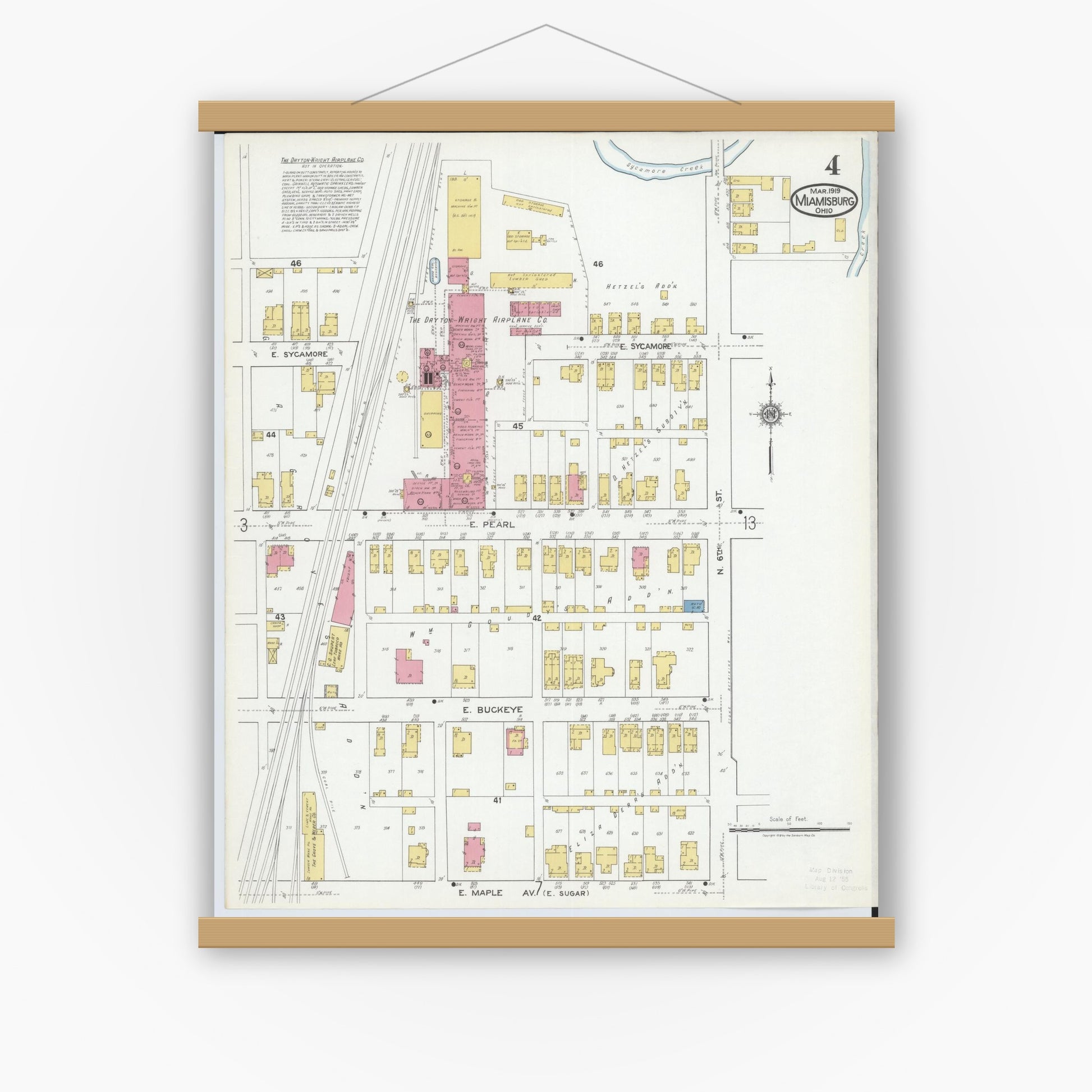 Old map wall art mockup — magnetic wood frame on white wall — Sanborn Fire Insurance Map from Miamisburg, Montgomery County, Ohio (1919), Sheet #0004