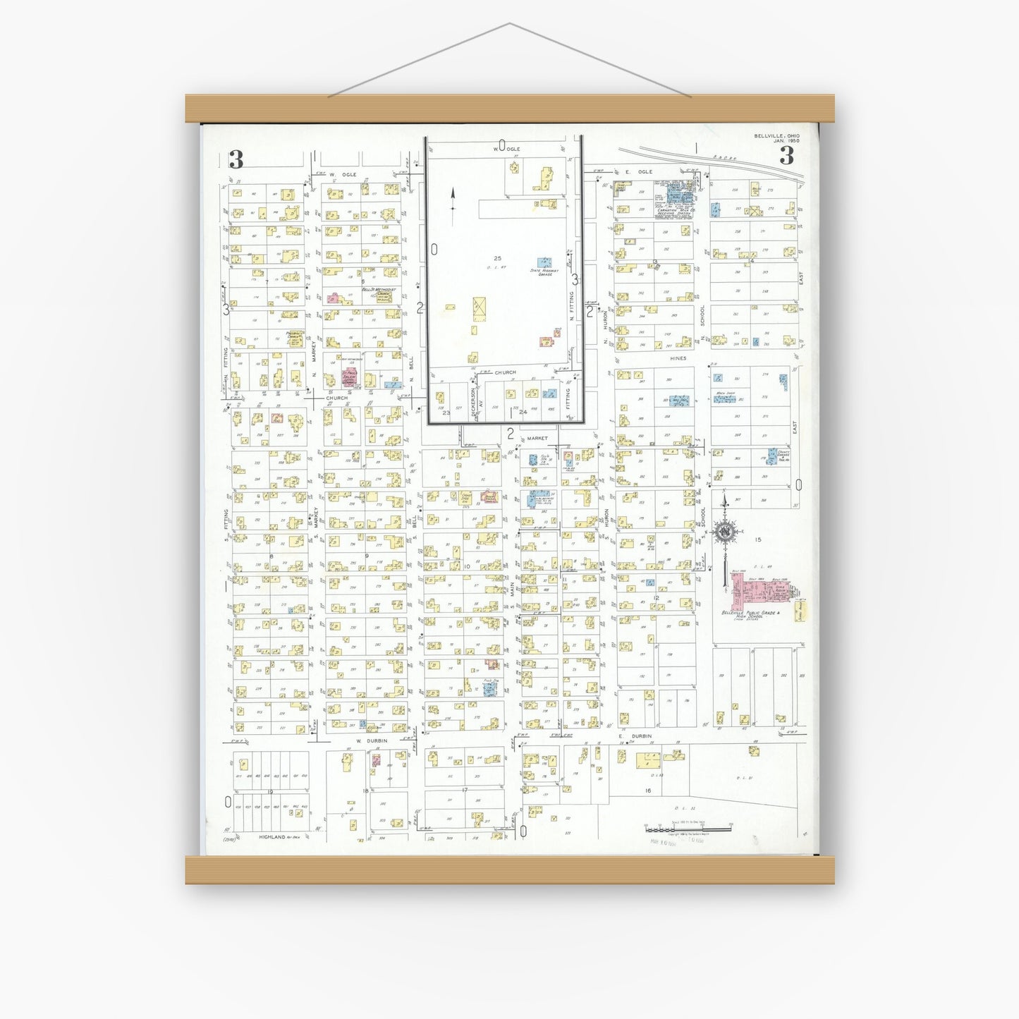 Old map wall art mockup — magnetic wood frame on white wall — Sanborn Fire Insurance Map from Bellville, Richland County, Ohio (1950), Sheet #0003