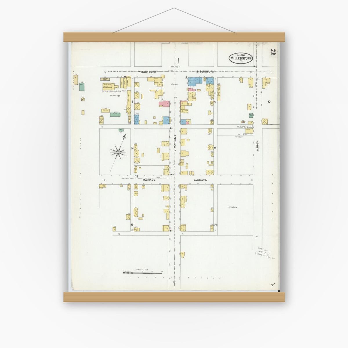 Old map wall art mockup — magnetic wood frame on white wall — Sanborn Fire Insurance Map from Millerstown, Perry County, Pennsylvania (1904), Sheet #0002