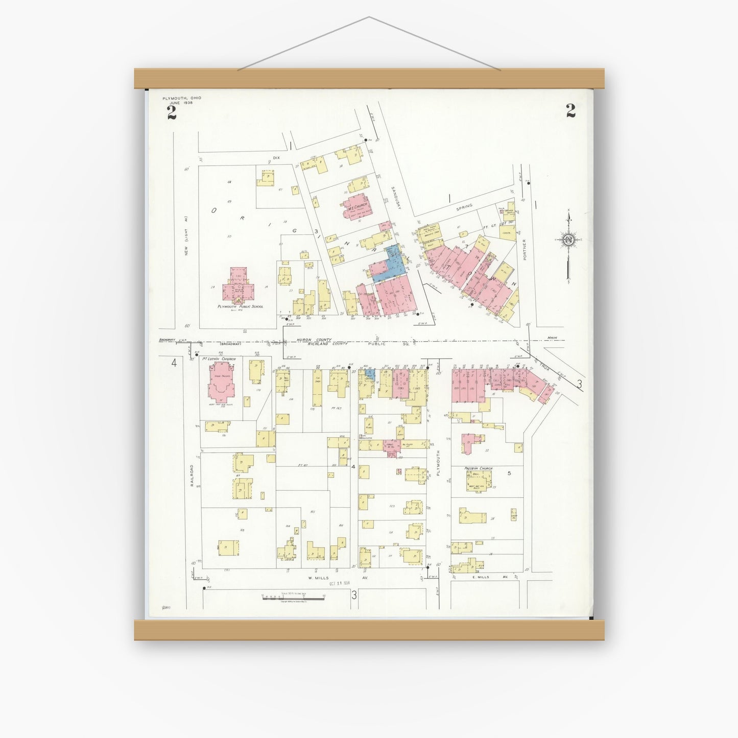 Old map wall art mockup — magnetic wood frame on white wall — Sanborn Fire Insurance Map from Plymouth, Huron And Richland Counties, Ohio (1938), Sheet #0002