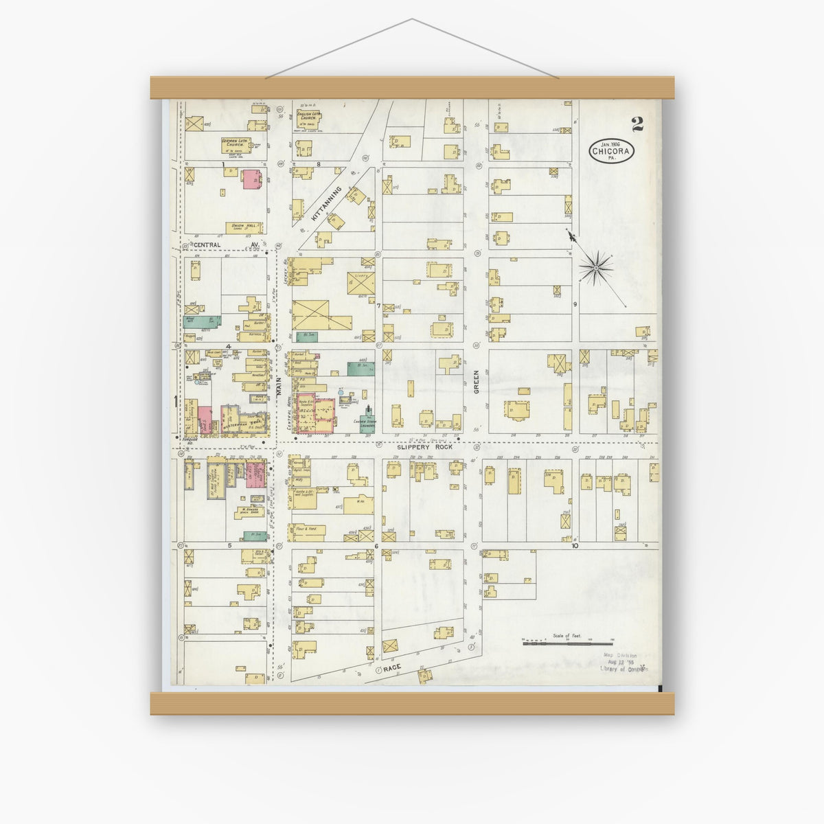Old map wall art mockup — magnetic wood frame on white wall — Sanborn Fire Insurance Map from Chicora, Butler County, Pennsylvania (1906), Sheet #0002