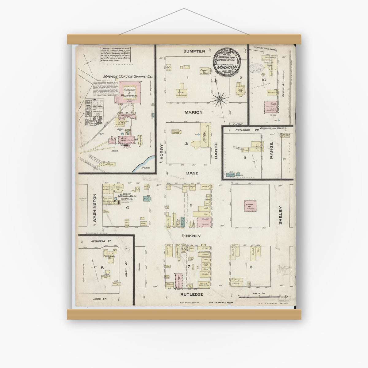 Old map wall art mockup — magnetic wood frame on white wall — Sanborn Fire Insurance Map from Madison, Madison County, Florida (1884), Sheet #0001