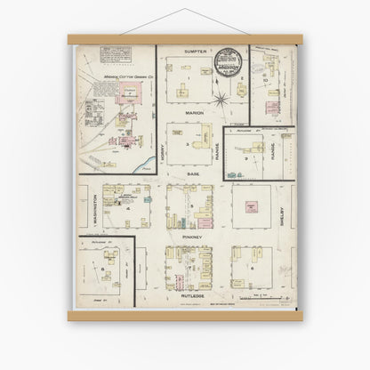 Old map wall art mockup — magnetic wood frame on white wall — Sanborn Fire Insurance Map from Madison, Madison County, Florida (1884), Sheet #0001