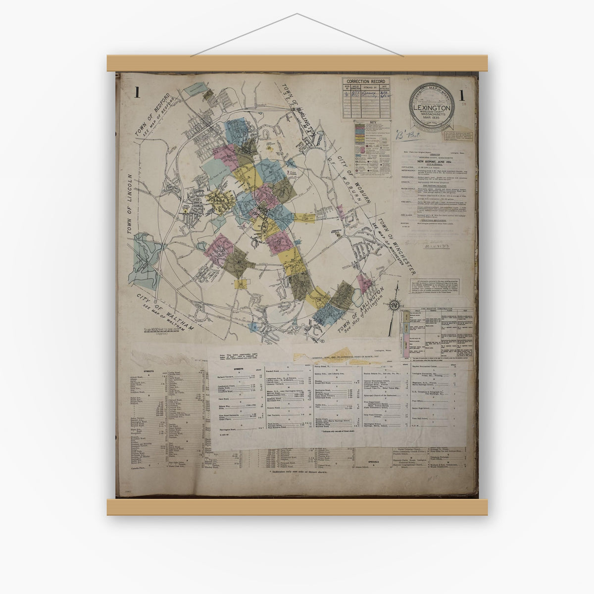 Old map wall art mockup — magnetic wood frame on white wall — Sanborn Fire Insurance Map from Lexington, Middlesex County, Massachusetts (1961), Sheet #0001