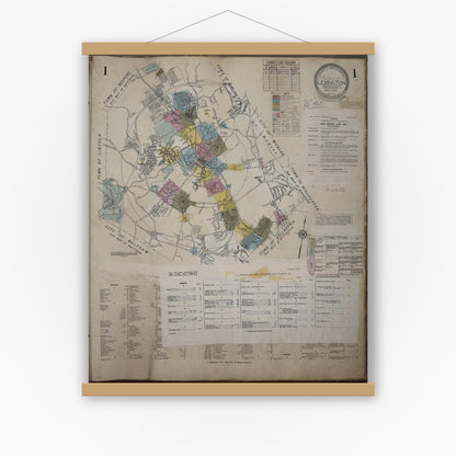 Old map wall art mockup — magnetic wood frame on white wall — Sanborn Fire Insurance Map from Lexington, Middlesex County, Massachusetts (1961), Sheet #0001