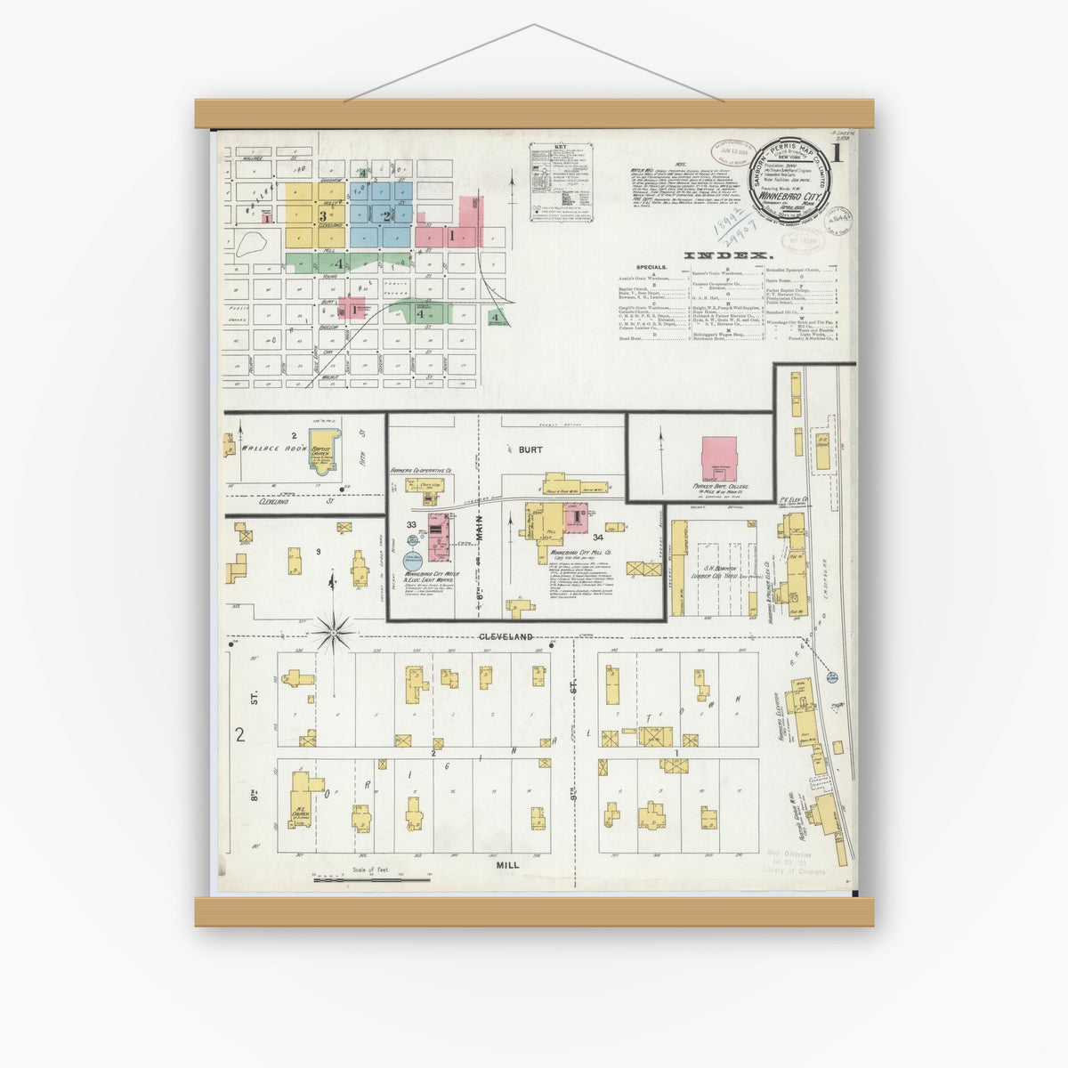 Old map wall art mockup — magnetic wood frame on white wall — Sanborn Fire Insurance Map from Winnebago, Faribault County, Minnesota (1899), Sheet #0001