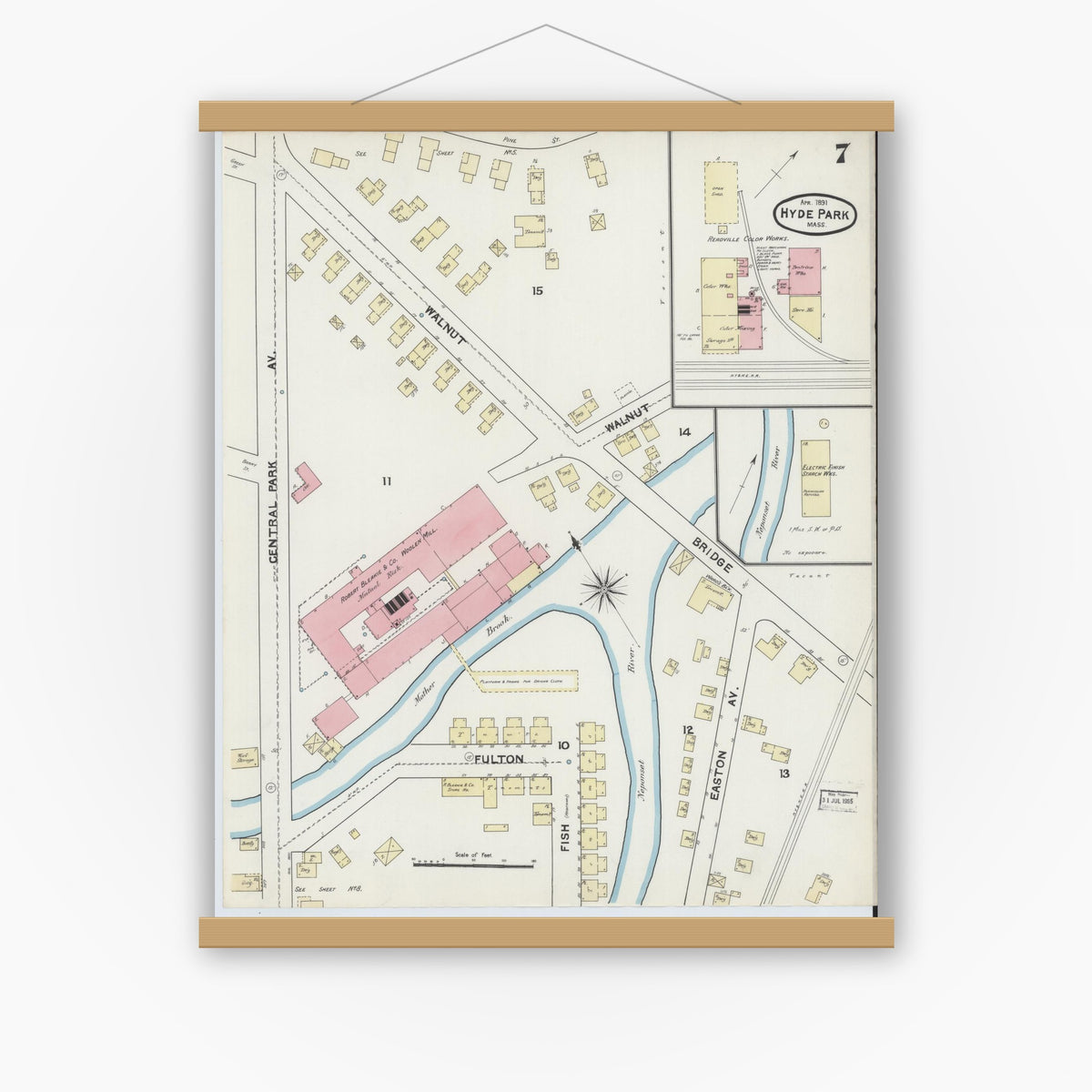 Old map wall art mockup — magnetic wood frame on white wall — Sanborn Fire Insurance Map from Hyde Park, Norfolk County, Massachusetts (1891), Sheet #0007