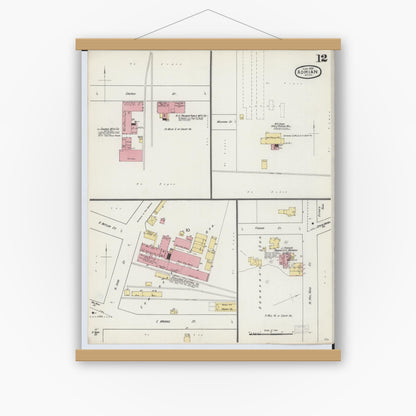 Old map wall art mockup — magnetic wood frame on white wall — Sanborn Fire Insurance Map from Adrian, Lenawee County, Michigan (1893), Sheet #0012
