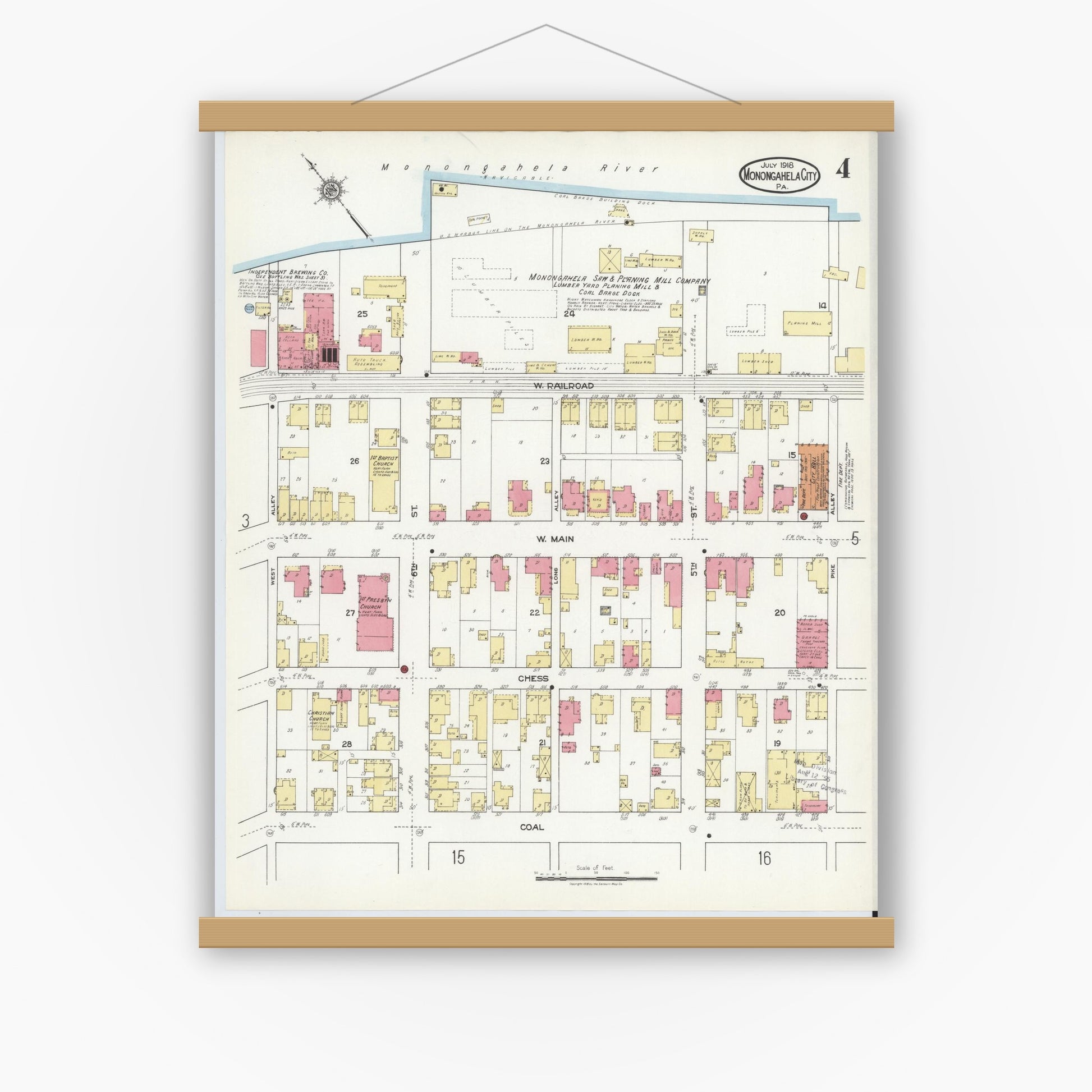 Old map wall art mockup — magnetic wood frame on white wall — Sanborn Fire Insurance Map from Monongahela City, Washington County, Pennsylvania (1918), Sheet #0004