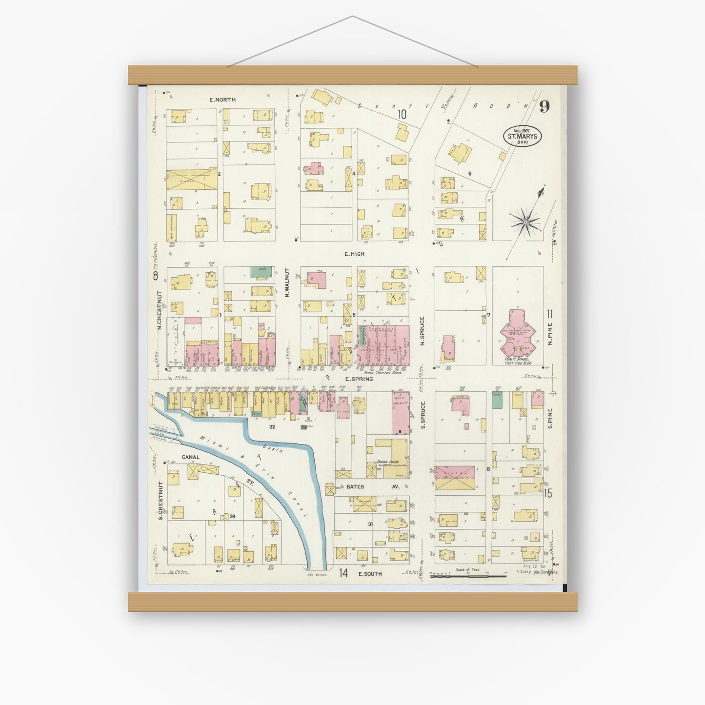 Old map wall art mockup — magnetic wood frame on white wall — Sanborn Fire Insurance Map from Saint Marys, Auglaize County, Ohio (1907), Sheet #0009